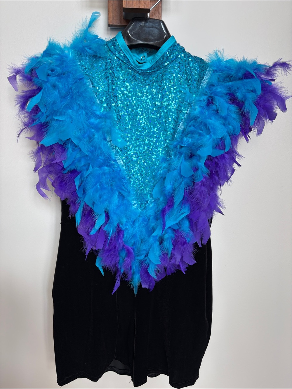 Women’s  Dance Costume with Teal and Purple Feather and Sequins Trim